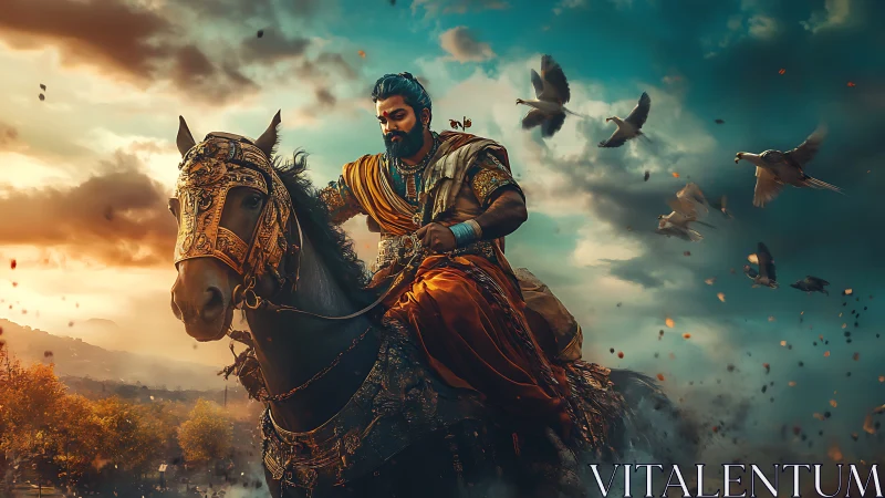 Warrior king riding armored horse at dramatic sunset sky.