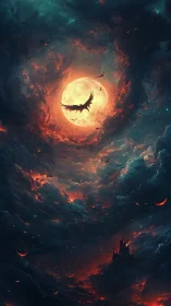 Luminous blood moon with silhouetted dragon in turbulent storm