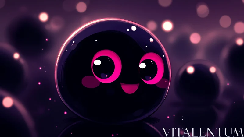 Smiling glossy blob character glows in soft neon bokeh field