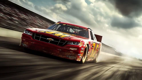 Red stock race car charging down speedway track fast.