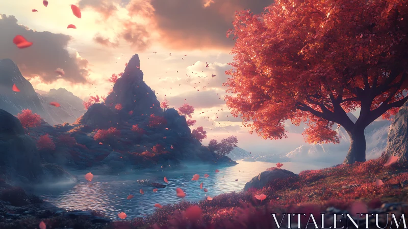 Mountain lake landscape depicts red foliage and drifting petals