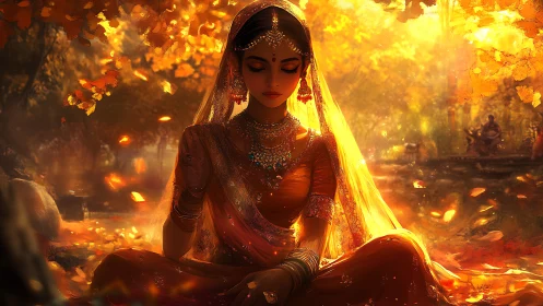 Golden grove meditation with autumn-lit sari serenity.
