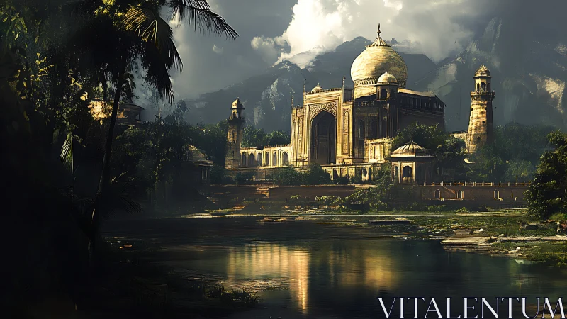 Sunlit domed palace dreaming beside a misty jungle river.