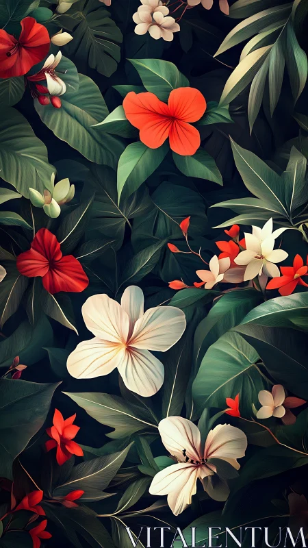 Tropical Garden Waltz: Vivid Blooms Dance Against Midnight Canvas