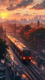 Orange commuter train under vivid sunset city sky.
