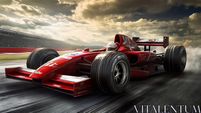 High-speed red formula race car powers through wet track.