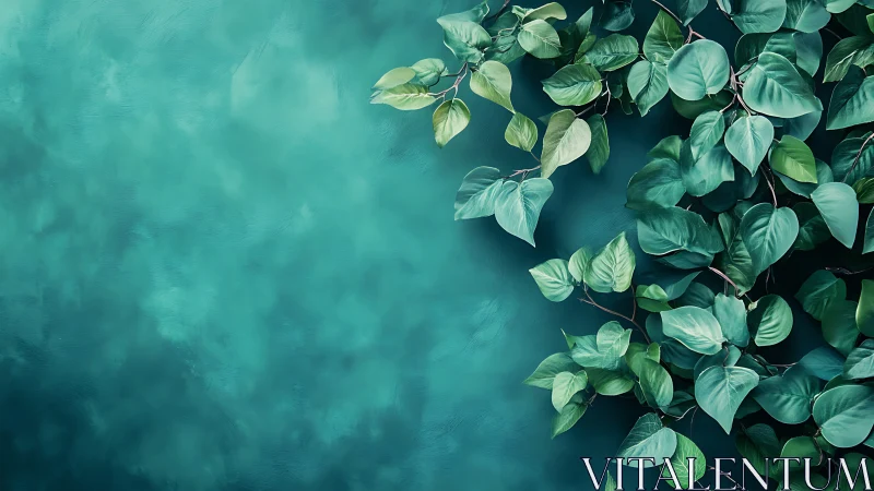 Lush green foliage overlays a textured teal abstract ground
