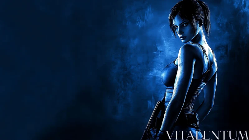 Armed female warrior stands in moody blue side lighting