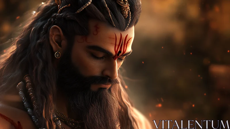 Serene warrior sage in golden dusk with sacred markings.