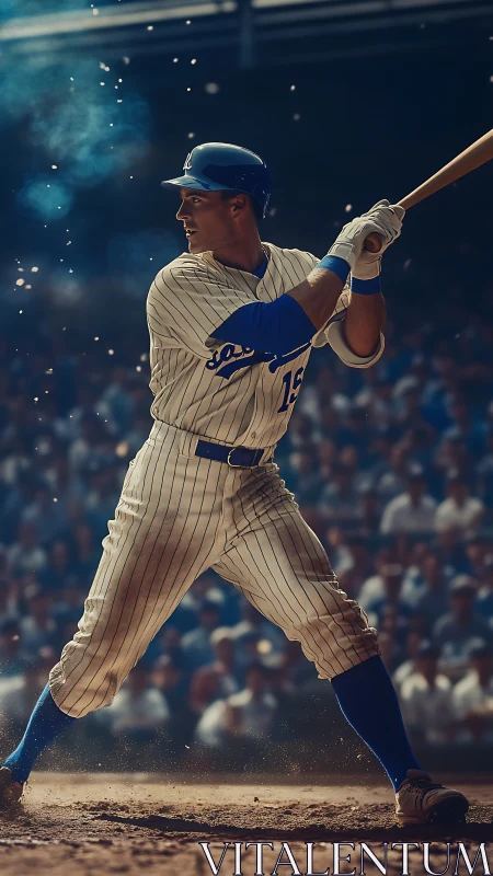 Pinstriped slugger pauses mid-swing as stadium lights roar