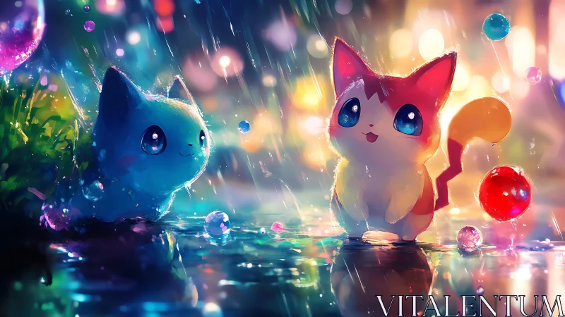 Two Magical Cats Playing in a Dreamlike Wonderland