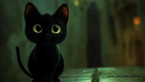 Black Cat with Luminous Eyes in Moody Green Environment