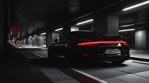 Black Porsche 911 driving through dark urban tunnel at night.