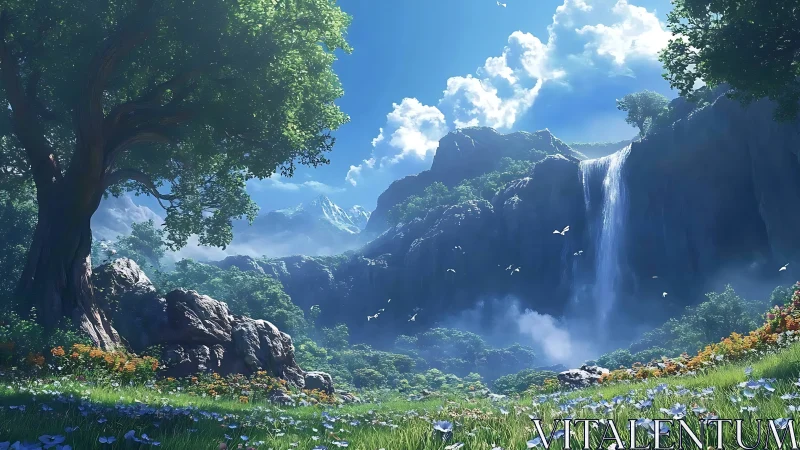 Lush fantasy valley with tall waterfall and wildflowers.