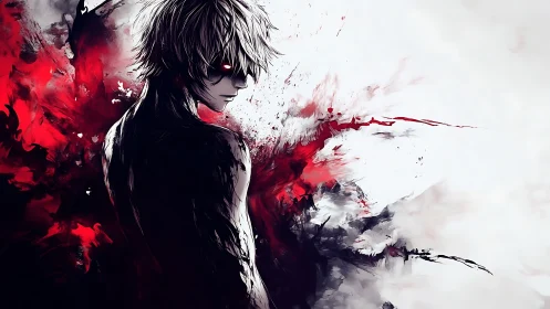 Monochrome anime figure dissolves into abstract crimson energy