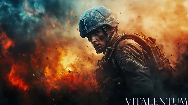 Soldier emerges through blazing battlefield chaos and smoke