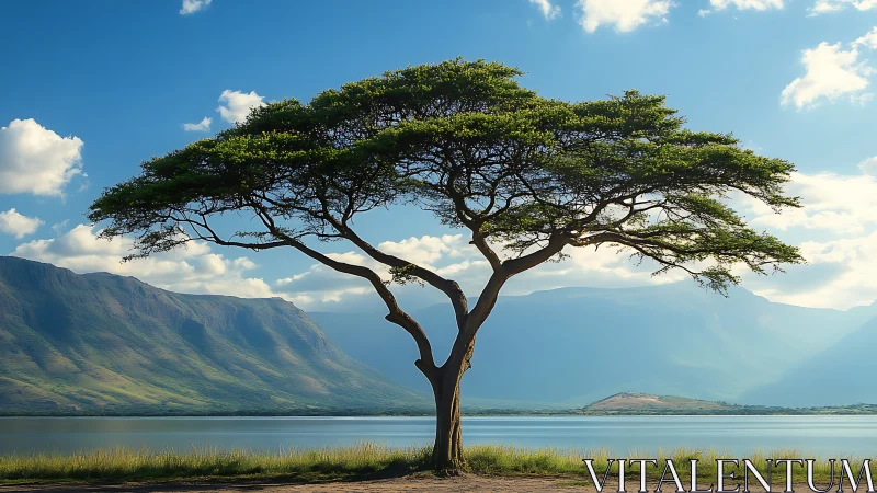 Solitary acacia tree beside tranquil mountain lake at dusk.