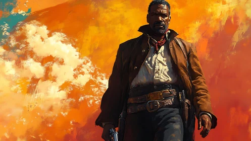 Lone gunslinger strides through blazing desert sky.