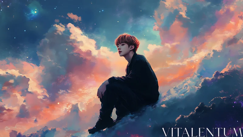 Young person seated on glowing clouds under vivid sky.