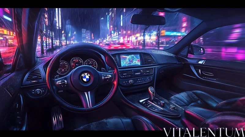 Cyberpunk BMW cockpit with neon city light refraction rendering.