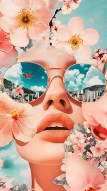 Floral sunglasses reflect a dreamy urban skyline in surreal calm.