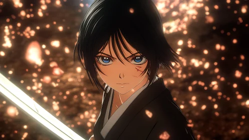 Stoic anime swordsman stares ahead amid glowing embers.