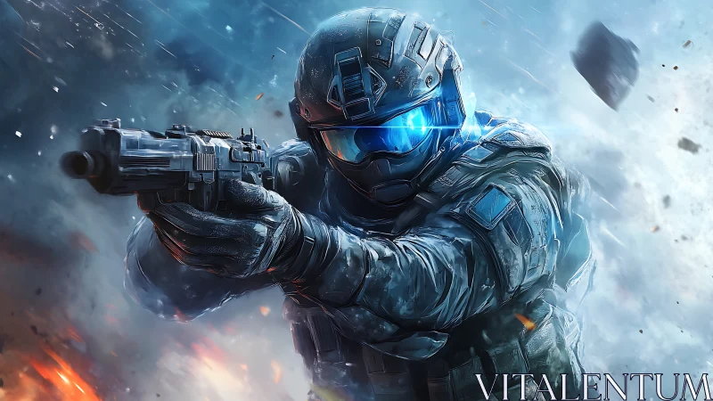 Futuristic space soldier charging through blazing blue light.