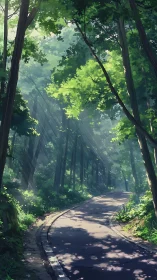 Sunlit Forest Path Through Towering Trees.
