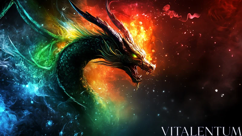 Fiery neon dragon emerging through swirling cosmic smoke.