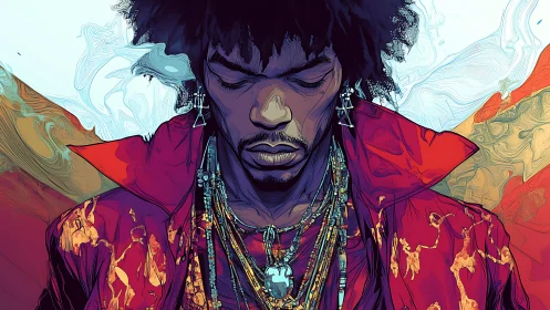 Crimson soundwave oracle in jeweled midnight reverie.