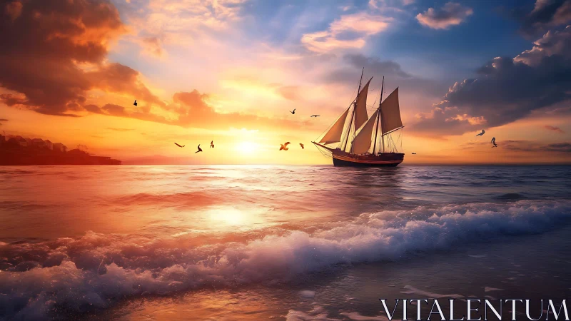 Sunlit schooner gliding through radiant ocean sunset skies.