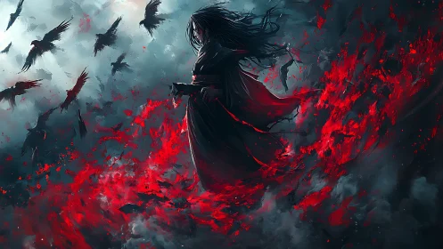 Stormlit mage walking through crimson swirling crows.