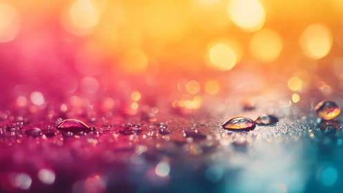 Macro water droplets reflect vivid sunset bokeh gradients.