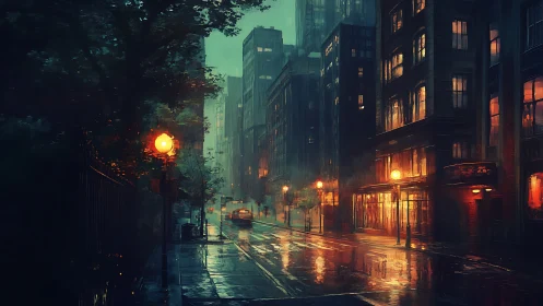 Rainwashed city avenue glowing with lonely amber windows.