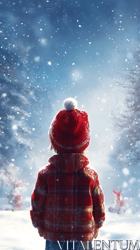Child in red coat gazes into a softly falling winter snowfall.