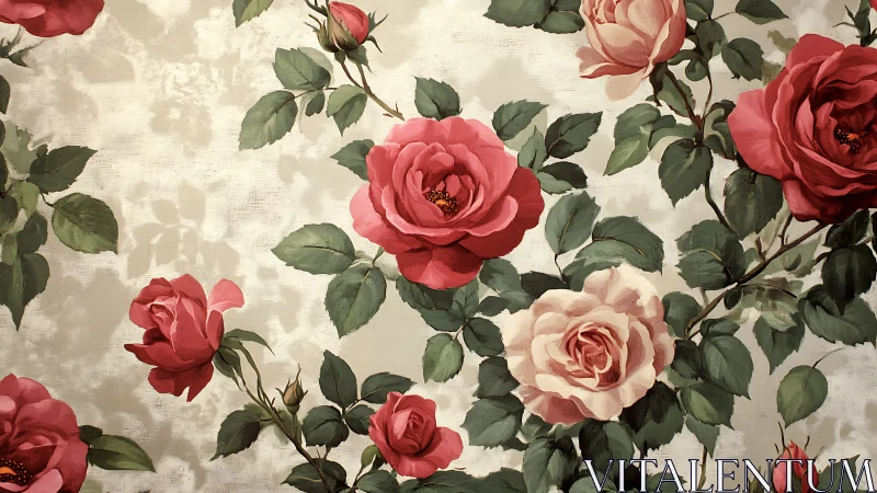 Botanical rose cluster on textured vintage pigment field.