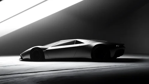 Sleek futuristic sports car resting in dramatic studio light.