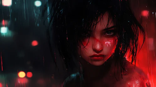 Cybernetic rain portrait with neon red ocular focus.