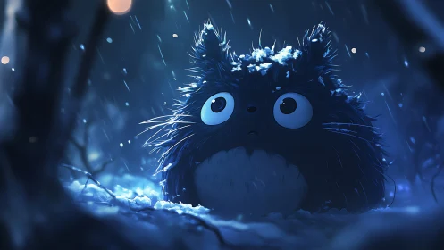 Snow-dusted forest puffball staring into the midnight hush.