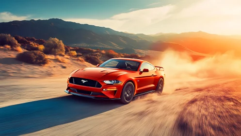 Fiery red sports car races through glowing desert sunset