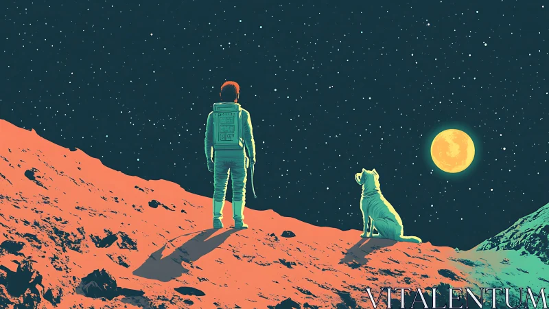 Astronaut and dog watch glowing moon from alien ridge.