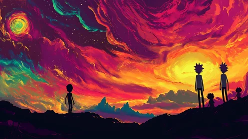 Vibrant alien sky swirls above silhouetted wanderers at dusk