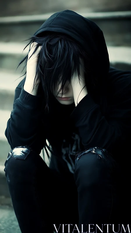 Hooded figure in distressed black apparel, crouched in tension.