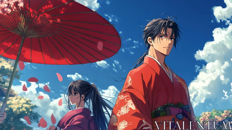Elegant couple in kimono share a serene spring festival sky