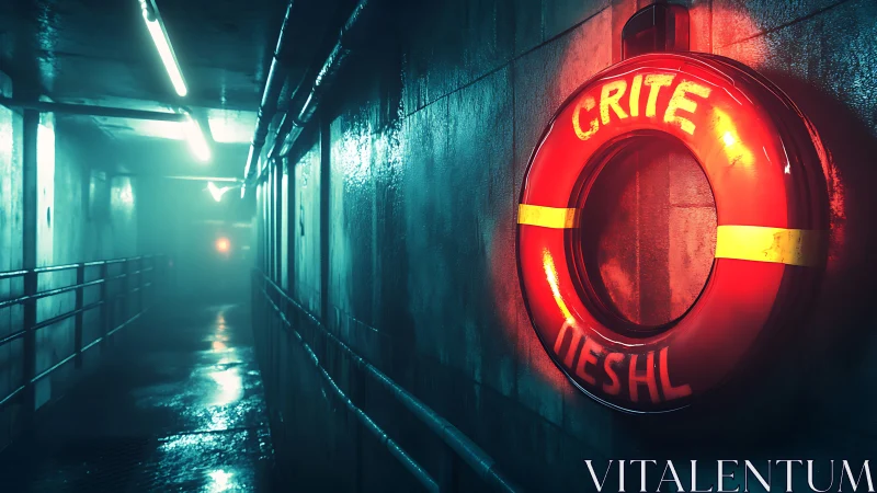 Neon lifebuoy burns alone in a damp sci fi corridor night