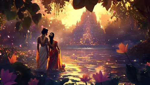 Lovers wade through lotus dusk toward a jewel-lit temple.