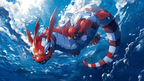 Serpentine aquatic creature in dynamic underwater view.