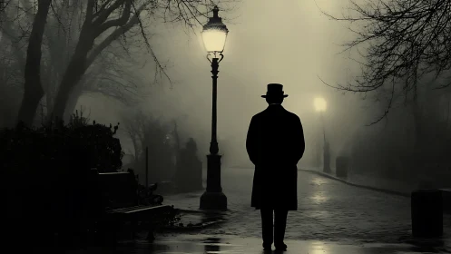 Mysterious gentleman wandering through a misty lamplit park.