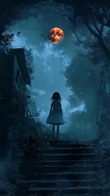 Silhouetted figure on forest stairs under red lunar disk.