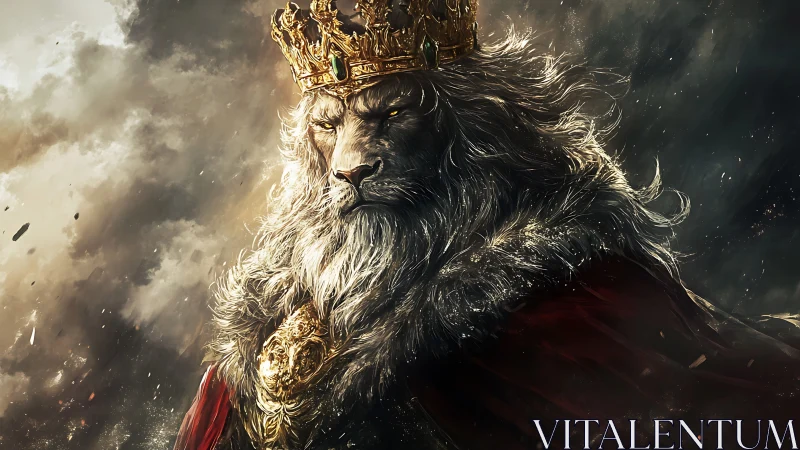 Crowned lion in ornate robe against stormy sky backdrop.
